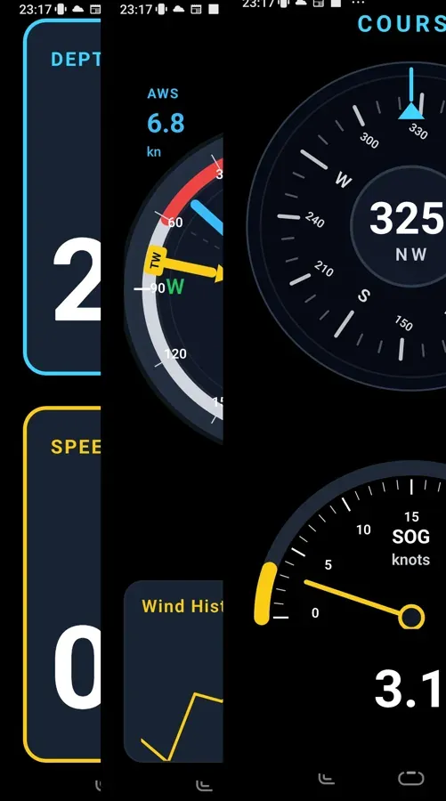 Live instruments in the SailorGuard App: depth, speed, wind and course