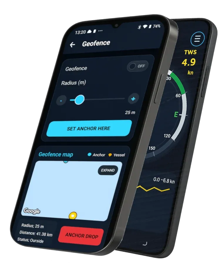 SailorGuard App: geofence and wind screens on two phones